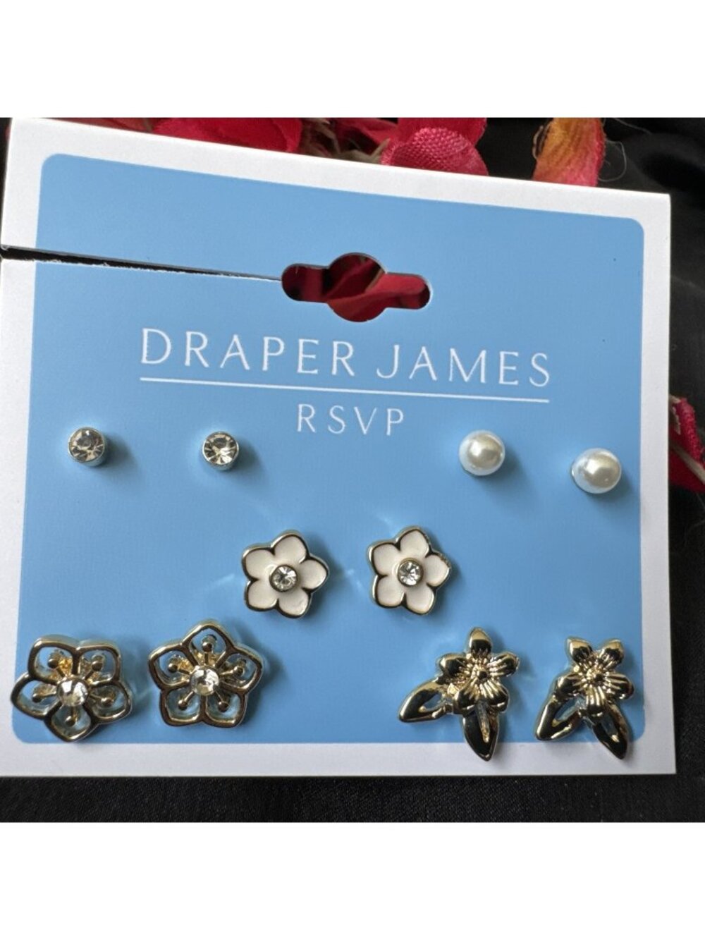 Draper James 10 PC Set Dainty Stud Pearl CZ Earrings Pearl Flowers GoldTone NEW
